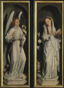 Grisallas,  Hans Memling. La Anunciación. Brujas, Groeningemuseum