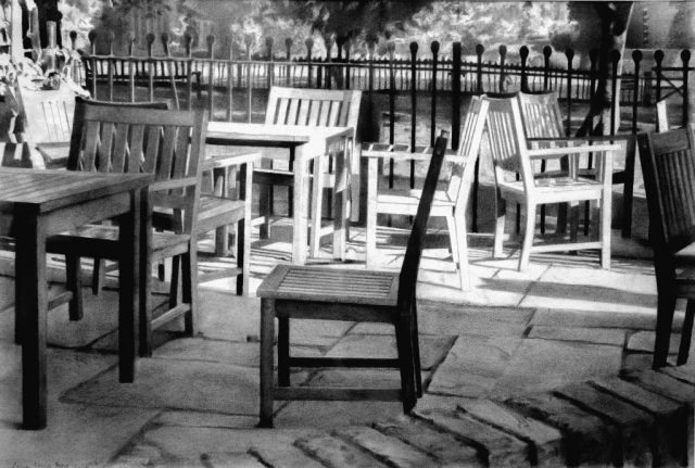 Carmen García Moya, Atardecer en el cafe de Holland Park. Londres. 2014, grafito sobre papel 40x60cm